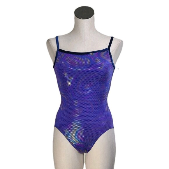 GK Elite VTG Purple Pixelated Swirl Camisole Leotard Velvet Trim Size AM Adult M - Picture 6 of 16